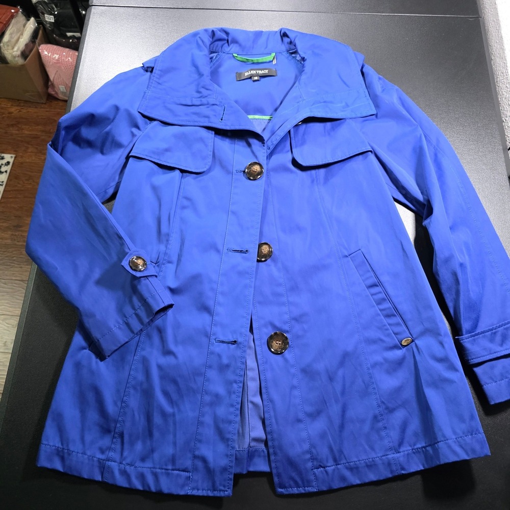 Ellen Tracy Royal Blue Trench Coat Button Front Jacket XS Pockets Pleated Back